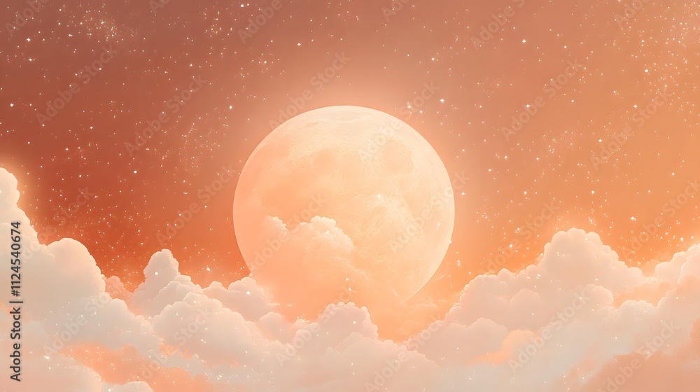 Poster a whimsical illustration of an oversized moon with stars and clouds surrounding it, soft colors with