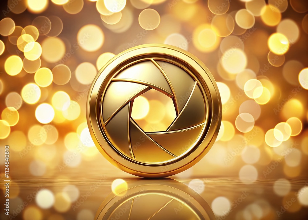Poster 3d modern gold circle logo with camera shutter shape surrounded by bokeh effect for creative brandin