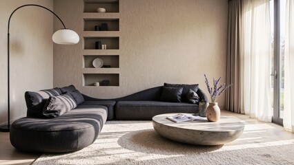 Generative AI, A modern living room with a sculptural charcoal sofa and a polished concrete coffee table