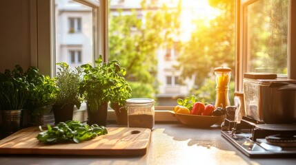 Fresh Herbs and Vegetables on Kitchen Counter with Sunlight Streaming Through Window Creating Warm and Inviting Cooking Atmosphere for Healthy Meal Preparation