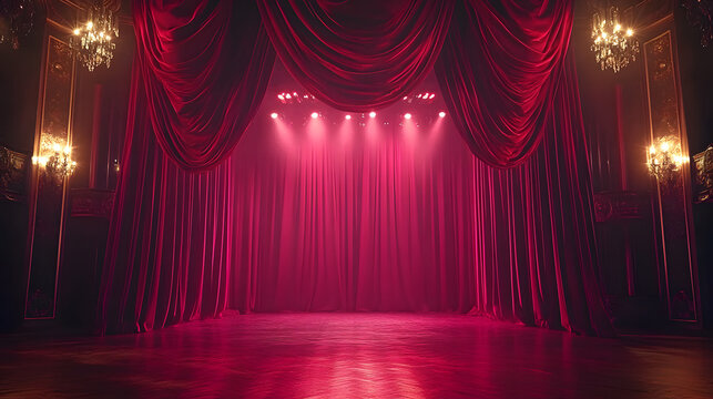 Luxurious red stage curtains dramatic lighting elegant theater venue event wedding party drama concept backdrop banner background empty copy space large dancing hall old Hollywood retro vintage vibes