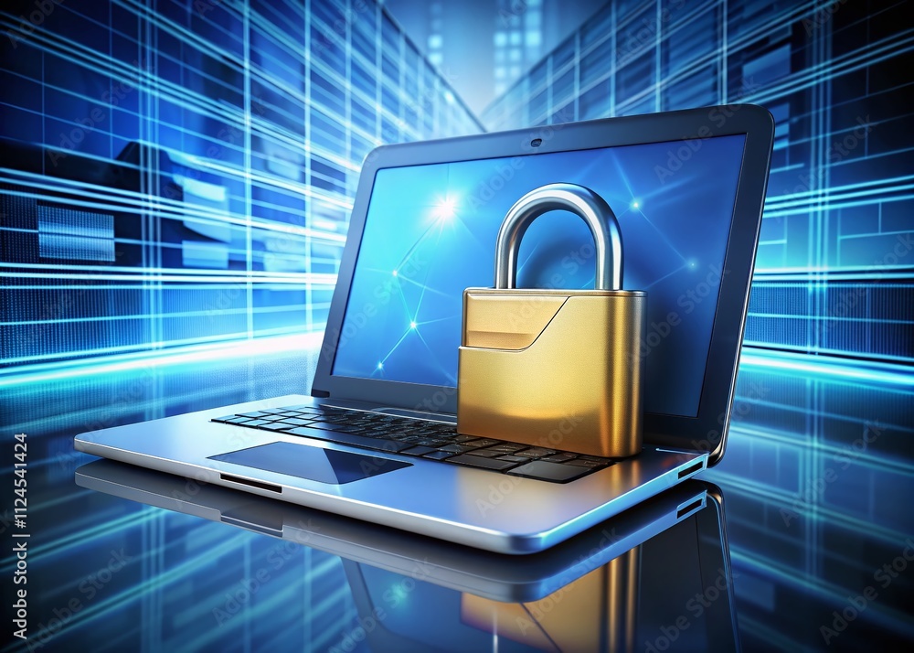 Poster 3d rendered laptop with secure folder and lock symbolizing data protection and cybersecurity in a di