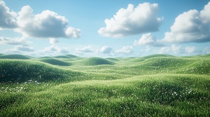 Obraz premium Rolling Green Hills Spring Meadow Sunny Sky White Flowers Landscape