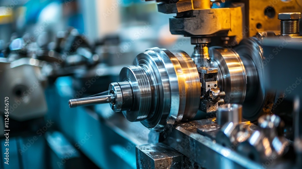 Aufkleber A team of professional mechanical engineers collaborates intensely in a workshop, utilizing advanced machinery for precise manufacturing processes during the late afternoon