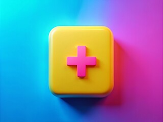 Fototapeta premium 3D Rendered Yellow Square Button with Pink Cross Symbol on a Gradient Background of Pink and Blue for Modern UI and Creative Design Projects