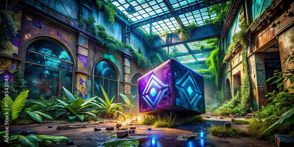 Poster 3d rendering of a blue and purple cube with code bracket symbol in an urban exploration setting, sho