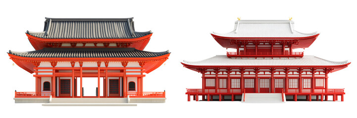 Fototapeta premium Set of a 3D Japanese temple building, isolated on a transparent background.