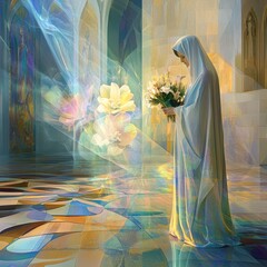Subtle colors in a reverent depiction of the Annunciation, with symbolic Christian flowers (selective focus on light glow) in a tranquil chapel, futuristic, fusion, patterned floor backdrop.