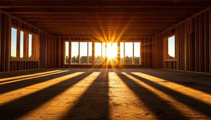Perspective view of timber framing with sunlight casting shadows vibrant setting symbolizing home construction and development