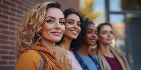 Fototapeta premium Beauty, happy and skincare women group smile together with healthy, glowing and clean skin. Diverse and natural cosmetic model girls smiling with satisfaction on studio background. 