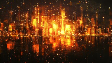 A stylized abstract depiction of a cityscape at night, with glowing lights and large empty space for design