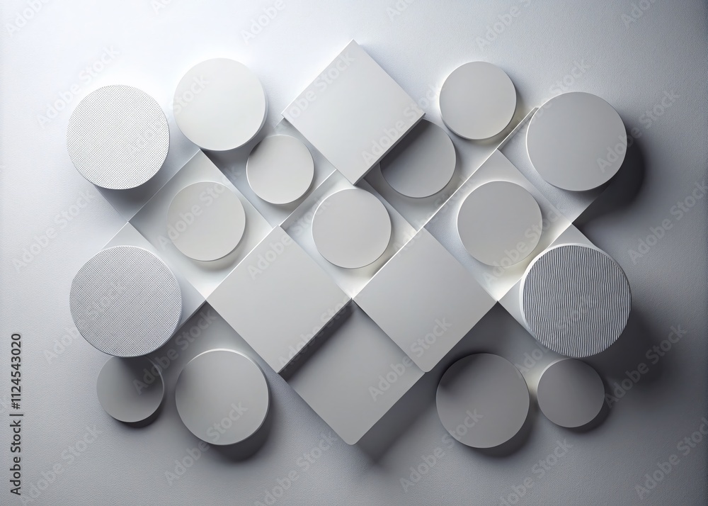 Poster 3d render of gray circles and a rhombus on a white background in low light setting, accentuating sha