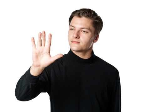 Business man png mockup touching virtual screen - Powered by Adobe