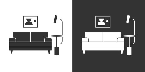 Sofa, coffee table, two modern art posters. Flat style furniture icon. Black on a white background and white on a black background. Interior design concept
