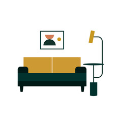 Sofa, floor lamp, modern art poster. Living room interior. Vector color icon in flat style on a white background. Interior design concept