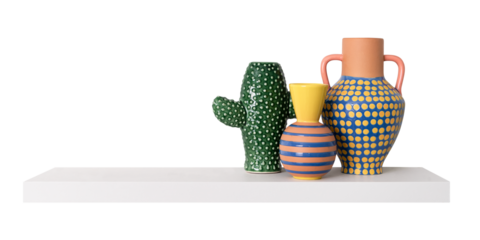 Png colorful plant pots mockup on white shelf home decor