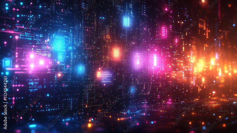 Poster abstract digital landscape with vibrant lights and data patterns.