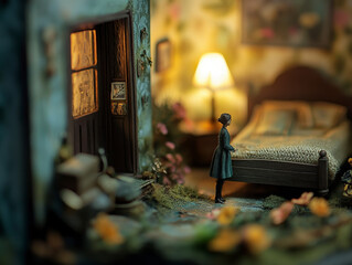 In this charming bedroom, a humanoid figure stands by a neatly made bed, surrounded by soft light and floral elements, representing comfort and personal space significance.