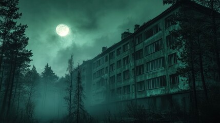 Obraz premium Dark green background, Soviet-style panel apartment buildings, night sky, dark and gloomy, misty, foggy, low-angle shot, horror game-style, high resolution.