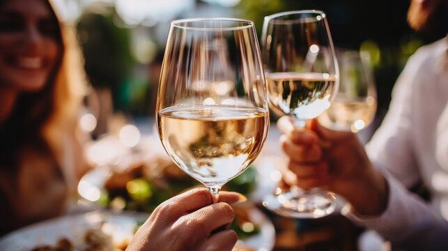 Friends and family gather in a vibrant, sunlit courtyard, raising glasses of wine in a cheerful toast, surrounded by delicious food and laughter