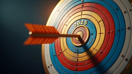 Arrow hits bullseye on 2025 target; achieving goals, success, and new year resolutions.