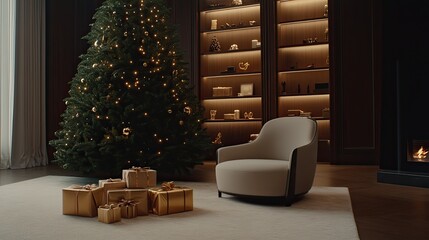 Stylish living room features a large Christmas tree, beige sofa, and warm lighting, creating a cozy atmosphere for holiday gatherings