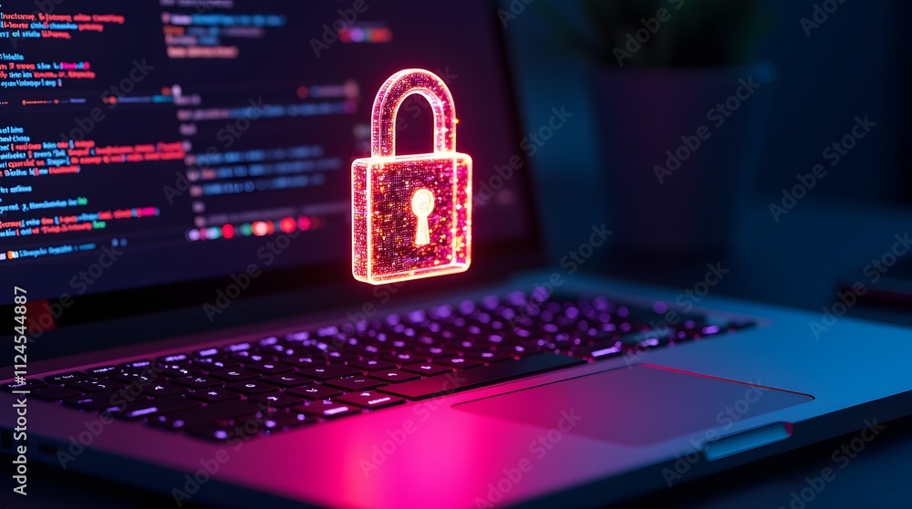 Poster digital fortress: a glowing padlock hovers above a laptop keyboard, symbolizing robust online securi