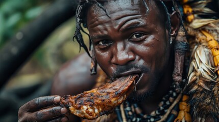 an image of a man from crocodile tribe africa he is standing next to camera, he has wearing traditional cloths made from animal skin, he has a leg piece of meat which he ius eating without cooking, he