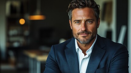 Modern Business Portrait of Confident Executive Man in Navy Suit with Arms Crossed in Dramatic Office Setting