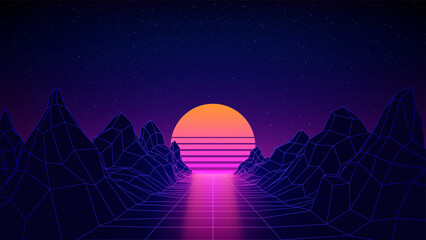 Retro futuristic abstract background. Synthwave 80s style, neon color, laser grid. Sun, mountain. 3d dark blue backdrop, digital template. Starry sky background, mesh grid floor. Vector