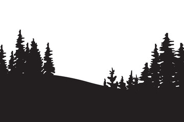 Forest silhouette view. Black pine trees. Nature outdoor scene. Simple vector landscape.