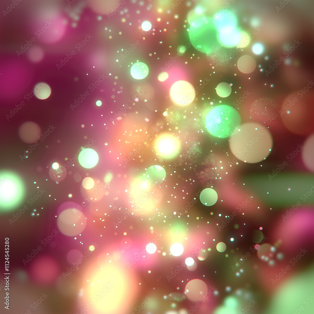 Aufkleber Luminous bokeh circles scattered over an abstract background create a soft composition where warm pinks and yellows are complemented by cool greens. Gradient transitions add a sense of depth and magic