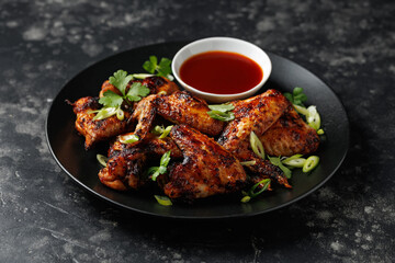 Grilled chicken wings with bbq sauce in a black plate