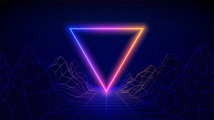 Retro futuristic abstract background. Synthwave 80s style, neon color, laser grid. Shining triangle, mountain. 3d dark blue backdrop, digital template. Starry sky background, mesh grid floor. Vector