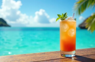 Cocktail on wooden table with sea backdrop