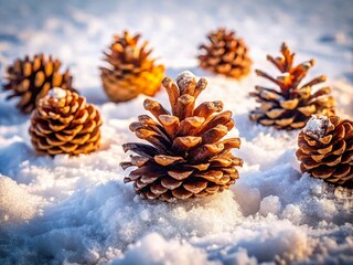 A Beautiful Snowy Landscape with a Group of Pine Cones Nestled in Fresh White Snow, Capturing the Winter Essence and Natural Beauty of the Outdoors in a Serene Setting
