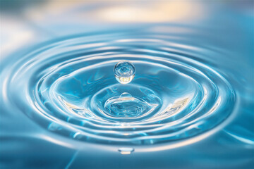A crystal-clear water droplet creating ripples on a smooth blue surface. Evoking calm, purity, and minimalism. Ideal for wellness or environmental themes.
