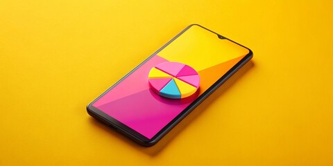 A black smartphone on a vibrant yellow background showcasing a pink and yellow pie chart on its screen, surrounded by a playful yellow and orange border for a modern business presentation.