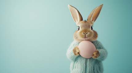 Obraz premium A cute Easter bunny holding a pink colored egg while standing against blue background with space for copy