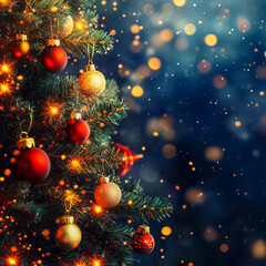 Festive Christmas Tree Background with Twinkling Lights and Ornaments