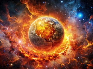 A Breathtaking Vintage Style Capture of a Fiery Planet Surrounded by Cosmic Flames, Inspiring Wonder and Awe at the Vastness of Space and the Beauty of Celestial Phenomena