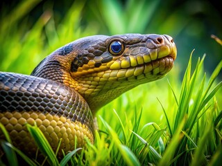 Fototapeta premium Anaconda Attack, Giant Snake, Green Anaconda, Jungle Predator, Reptile Ambush, Wildlife Photography, Grassland Predator, Hidden Danger, Serpent Strike, Amazon Anaconda, Wildlife Photo.