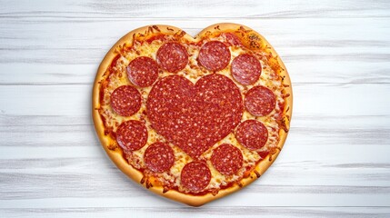 Heart shaped pizza with heart shaped salami on white wood background. Creative art food idea for Valentine or Mother day. Top view.