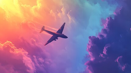 A modern, sleek airplane soaring through a colorful sky, with gradient blues, purples, and oranges...