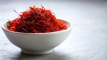 Fototapeta premium Closeup of a White Bowl Filled with Bright Red Saffron Threads on a Crisp White Background Showcasing the Spices' Rich Color, Texture, and Culinary Appeal for Food Photography