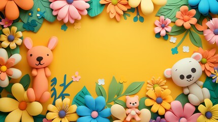 A yellow background with a colorful border of flowers and animals made of paper.