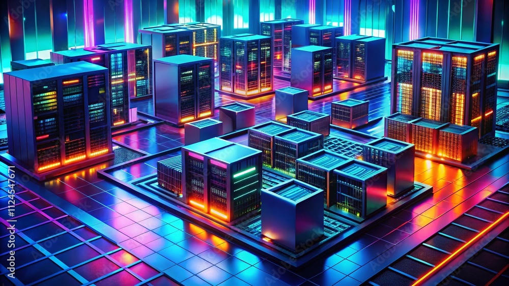 Poster abstract 3d data center room illustration for data analysis server, showcasing network mainframe inf