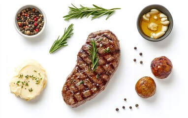 A gourmet steak with rosemary, garlic butter, and sides on a pristine white background