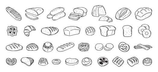 Bread different types hand drawn doodle outline icon set. Bread engraving, line art. Wheat products, baked goods, bakery