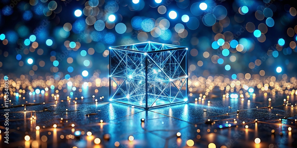 Poster abstract 3d illustration of a blue cube with glowing lights and lines in a dreamy bokeh effect, perf